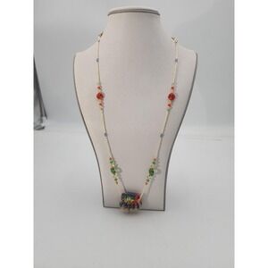 Fun vintage handmade beaded rainbow pouch 18" necklace w/ dragonfly